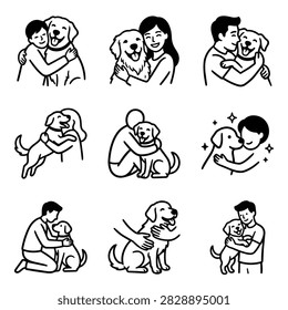 Collection of simple line drawings depicting humans embracing and showing affection towards their canine companions, highlighting the bond between people and pets.