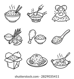 A collection of simple line drawings depicting various rice dishes, ingredients, and cooking methods.