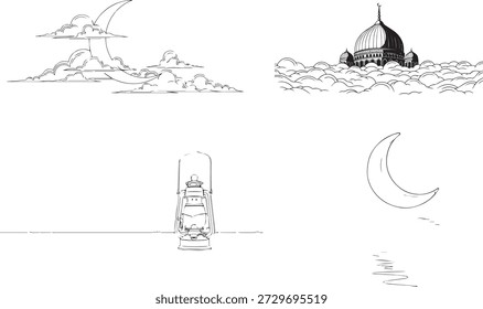 Una colección de dibujos lineales simples con un pájaro en vuelo, un edificio abovedado en medio de las nubes, una torre sobre un cuerpo de agua y una luna creciente, todo realizado en un estilo minimalista.