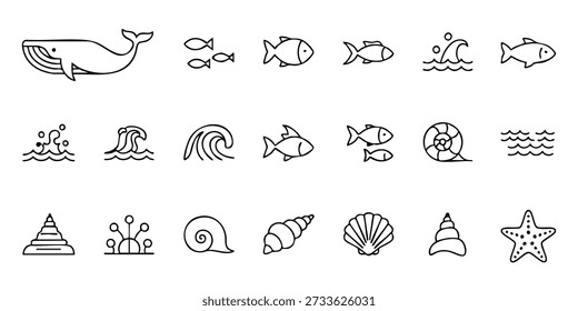 Uma coleção de desenhos de linhas simples de criaturas oceânicas e conchas sobre um fundo branco limpo, visto de cima.