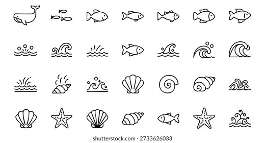 Uma coleção de desenhos de linhas simples de criaturas oceânicas e conchas sobre um fundo branco limpo, visto de cima.