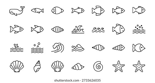 Uma coleção de desenhos de linhas simples de criaturas oceânicas e conchas sobre um fundo branco limpo, visto de cima.