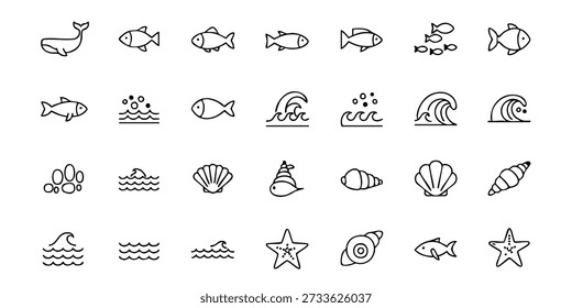 Uma coleção de desenhos de linhas simples de criaturas oceânicas e conchas sobre um fundo branco limpo, visto de cima.
