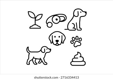 Una colección de dibujos de líneas simples representa perros, plantas y artículos de mascotas asociados.