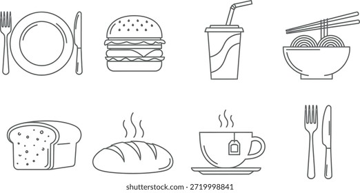 Colección de dibujos de líneas simples de varios artículos y utensilios de alimentos