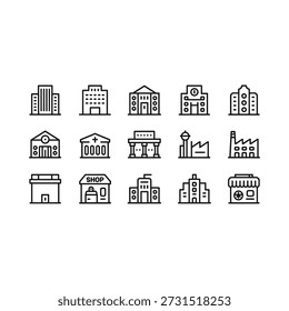 Collection of simple line drawings of various building types and structures
