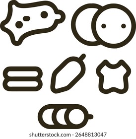 Collection of Simple Line Icons: Condom, Pills, Food, and Clothing Items