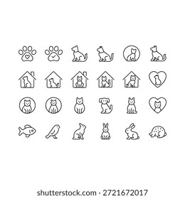 Colección de íconos de líneas simples que representan varias mascotas y Elementos relacionados