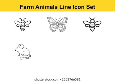 A collection of simple line icons featuring a bee, butterfly, and mouse, all in black and white.
