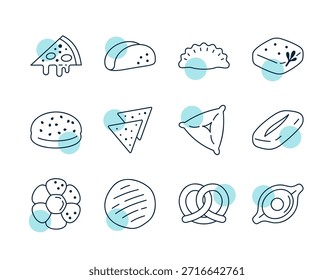 Eine Kollektion einfacher Linien-Ikonen mit verschiedenen Backwaren, von Brot und Salzbrezeln bis hin zu Pizza und regionalem Gebäck. Perfekt für diverse Speisekarten oder Rezepte.
