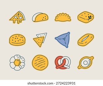 Uma coleção de ícones de linha simples com vários produtos assados, de pão e pretzels a pizza e pastelaria regional. Perfeito para diversos menus de comida ou aplicativos de receita.