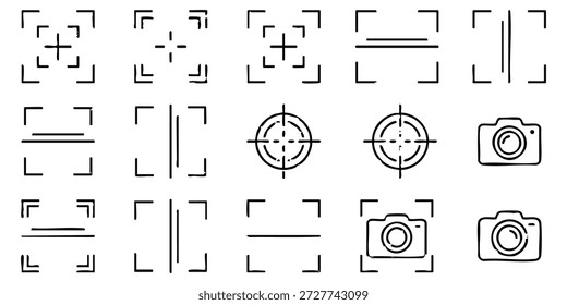 Kollektion einfacher Linien-Symbole mit Kamera und Fokussierungselementen im minimalistischen Design