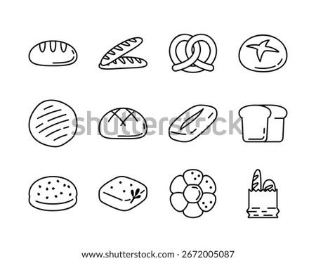 A collection of simple line icons featuring various types of bread loaves, baguettes, and buns. Perfect for menus, bakery websites, and food-related designs.