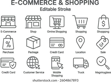A collection of simple line icons illustrating e-commerce concepts such as shopping, purchases, and customer service. These visuals capture the essence of online retail activities.