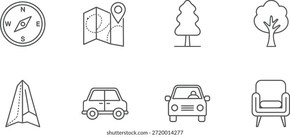 Collection of simple line icons for navigation and travel