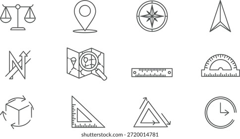 Collection of simple line icons for navigation and measurement