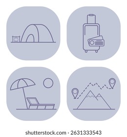 Collection of simple line icons with outdoor activities including camping with tent, travel with luggage and tickets, sunbathing on beach chair, and hiking in mountains