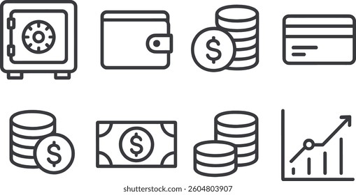 A collection of simple line icons portrays various aspects of finance, including a safe, wallet, money, and growth charts, highlighting essential elements in cash management.