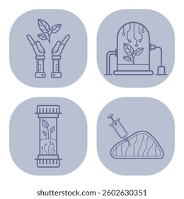 Collection of simple line icons presenting modern botanical research tools and equipment. Intersection of technology and plant science concept