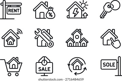 Colección de íconos de líneas simples para servicios inmobiliarios y de propiedad