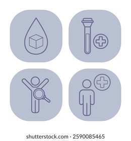 Collection of simple line icons representing various medical concepts, including research, health monitoring, and diagnostics