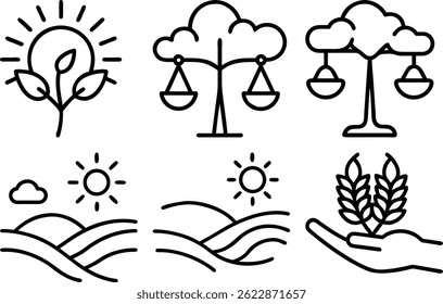 Collection of simple line icons representing nature, agriculture, balance, and growth. Perfect for websites, apps, and presentations.