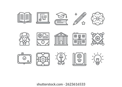 Colección de íconos de líneas simples que representan conceptos educativos y académicos