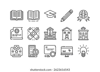 Collection of Simple Line Icons Representing Educational and Academic Concepts