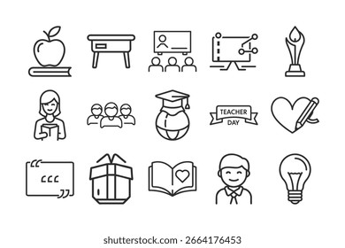 Una colección de íconos de línea simples que representan la educación, la enseñanza y el aprendizaje, incluidos Elementos como libros, manzanas, maestros, estudiantes y premios.