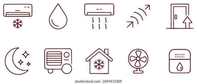 Uma coleção de ícones de linha simples que representam vários aspectos de HVAC e controle climático, incluindo resfriamento, aquecimento, umidade e movimento do ar.