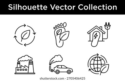 A collection of simple line icons representing environmental concepts like recycling, carbon footprint, renewable energy, industry, and global sustainability.