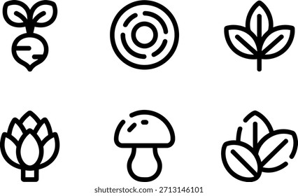 Colección de íconos de líneas simples que representan varios Elementos botánicos