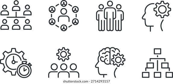 Colección de íconos de líneas simples que representan el trabajo en equipo y la productividad