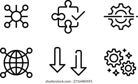 Colección de íconos de líneas simples que representan la tecnología y las Configuraciones globales