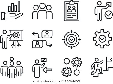 Collection of simple line icons representing business and management concepts