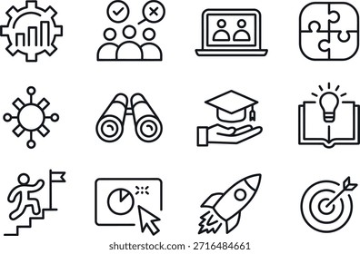 Colección de íconos de líneas simples que representan conceptos de negocios y educación