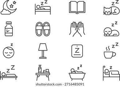 Sammlung von einfachen Linien-Icons, die Schlaf und Entspannung darstellen