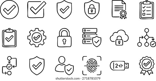 Colección de íconos de línea simples que representan conceptos de seguridad y verificación sobre un fondo blanco