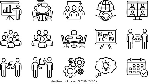 Colección de íconos de línea simples que representan conceptos de negocio y trabajo en equipo