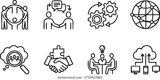 A collection of simple line icons representing business concepts and teamwork on a white background from a straightforward viewpoint