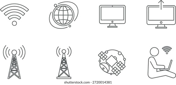 Collection of simple line icons representing wireless technology and global connectivity