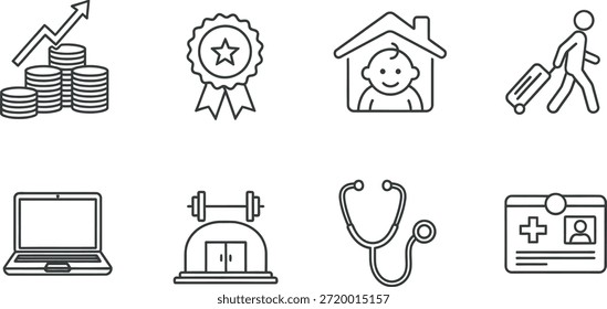 Colección de íconos de líneas simples que representan las finanzas, la salud y la aptitud