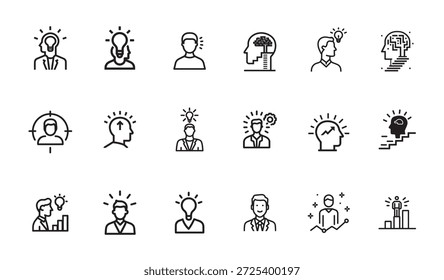Kollektion von einfachen Linien-Icons, die menschliches Denken und Innovation darstellen