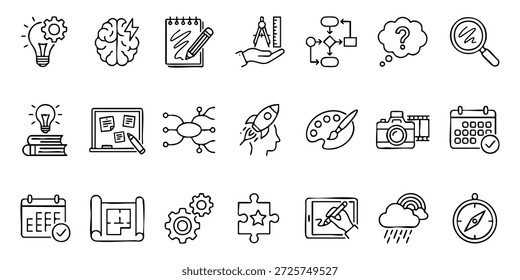 Colección de íconos de líneas simples que representan la creatividad, la innovación y las herramientas de productividad sobre un fondo blanco