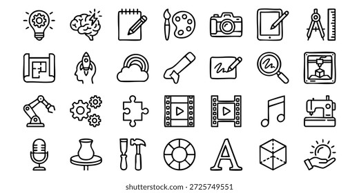 Colección de íconos de líneas simples que representan herramientas creativas y conceptos sobre un fondo blanco visto directamente desde arriba.