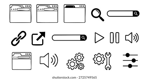 Una colección de íconos de línea simples que representan varios Elementos de navegación por Web y control de medios