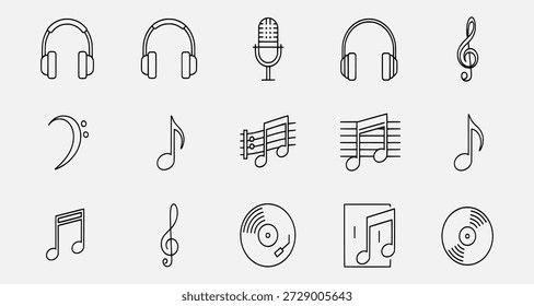 Collection of simple line icons representing music elements like headphones, microphone, and musical notes on a light gray background.