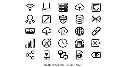 Coleção de ícones de linha simples que representam conceitos de tecnologia e dados em um layout de grade