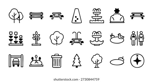 Collection of Simple Line Icons Representing Various Park Elements and Activities from a Direct Viewpoint