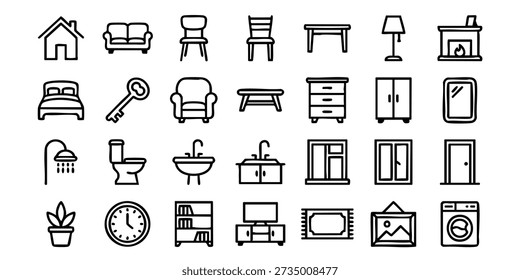Collection of simple line icons representing various household furniture and appliances displayed in a grid pattern